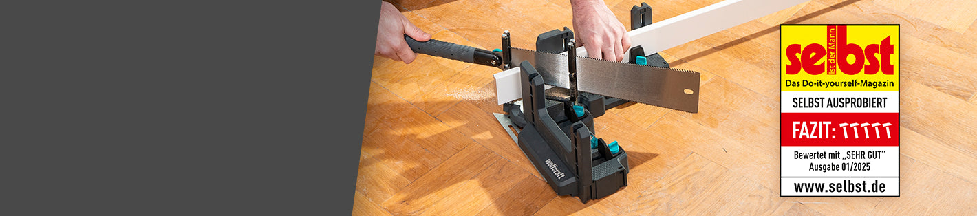Person using a metal cutting tool on a wooden surface with 'selbst' branding.